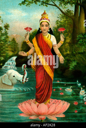 Gemälde von indische Göttin Laxmi Reichtum stehen im Lotus-Blume Stockfoto