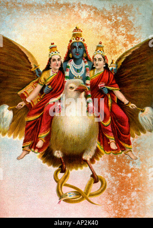 Kunst Mythologie Malerei Illustration Lord Gott Vishnu auf seinem Berg Vogel Garud eine Schlange in seinen Füßen hält Stockfoto