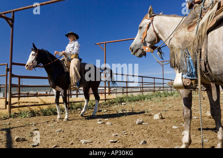 Cowgirl auf Pferd, Oregon, USA Stockfoto