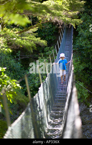 Mädchen auf der Hängebrücke, Rivercrossing im Abel Tasman National Park, Norden von South Island, Neuseeland Stockfoto