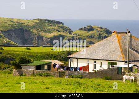 Bungalow mit Blick auf die Küste und offenen Feldern rund um Tintagel Cornwall Stockfoto