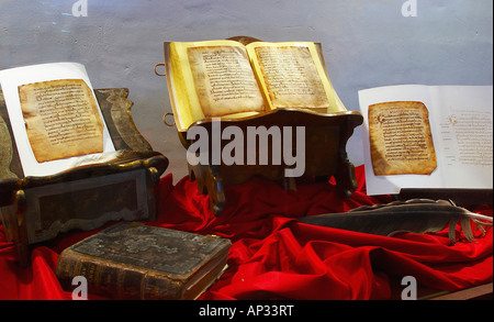 Innenansicht zeigt Bücher, Glosas Emilianensis, einführende Worte in Kastilisch, Kloster Monasterio de Yuso, San Millan de Stockfoto