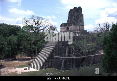 Guatemala, Tikal, Tempel der Masken (Tempel II) am westlichen Ende von die große Plaza, gebaut von Ah Kakao um 700 n. Chr. Stockfoto