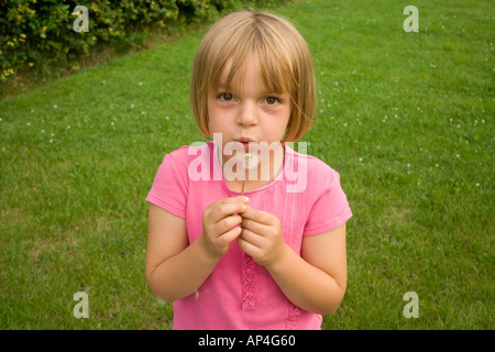 Junges Mädchen bläst einen Löwenzahn auf einem grünen Rasen-Hintergrund Stockfoto