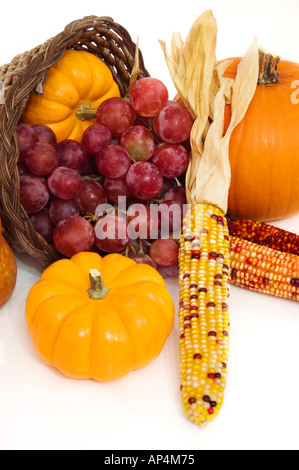 Nahaufnahme der Thanksgiving-Ernte-Szene mit Füllhorn auf weißen Hintergrund isoliert Stockfoto