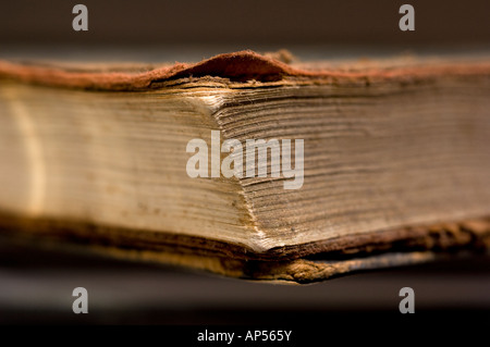 Ausgefranste Ecke des antiken Buches. Stockfoto