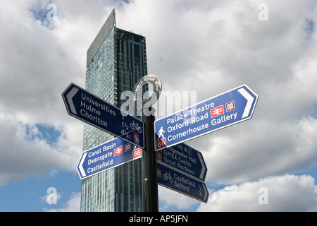 Straße Wegweiser mit Hilton Tower Beetham Tower im Hintergrund Manchester UK Stockfoto