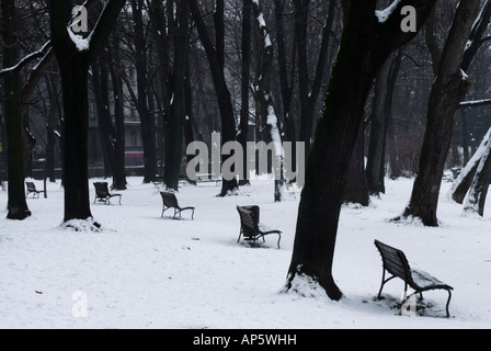 Leere Parkbänke in einem Zagreb-Park im winter Stockfoto