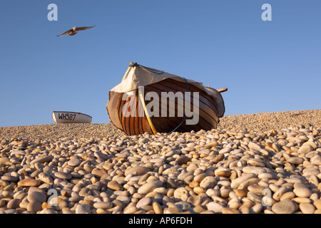 Kleine hölzerne Fischerboote saß auf Chesil Beach mit einem einzigen Vogel fliegen overhead, Portland, Dorset, England, UK Stockfoto