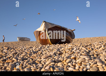 Kleine hölzerne Fischerboote saß auf Chesil Beach mit einer Kurve von Möwen fliegen overhead, Portland, Dorset, England, UK Stockfoto