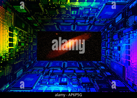 Computerplatinen mit Mikrochips 3D Galaxie, digital composite Stockfoto