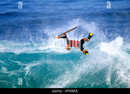 Body Boarding Aktion, Waimea Bay, Oahu, Hawaii, USA Stockfoto