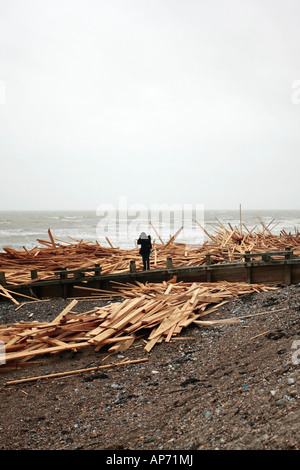 Haufen von Holz aus den Trümmern der Ladung Schiff ' Ice Prince'. Worthing Strand, West Sussex, UK. Stockfoto