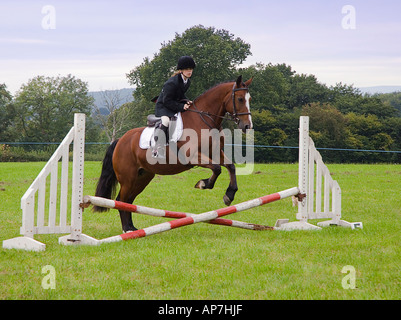 JUNGES MÄDCHEN AUF PFERD SPRINGEN ZAUN AN EINEM PFERD SHOW UK Stockfoto