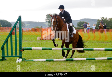 JUNGES MÄDCHEN AUF PFERD SPRINGEN ZAUN AN EINEM PFERD SHOW UK Stockfoto