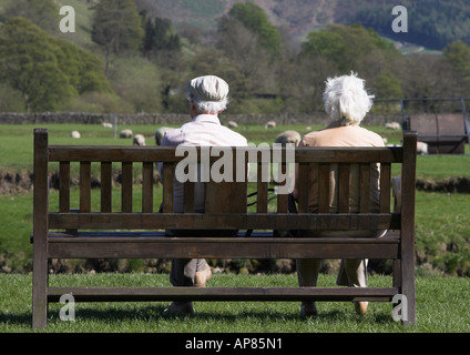 Älteres Ehepaar sitzt auf einer Bank, Blick auf einen Bereich von Yorkshire Dales National Park, durch das Dorf Burnsall. Stockfoto