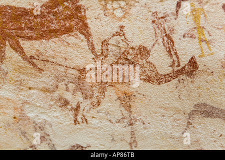 Lackiert, Menschen-und Tierfiguren und Bussi Details, Mestekawi Höhle, Wüste Gilf Kebir, Ägyptens Western. Stockfoto