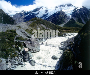 Erhöhte Ansicht von zwei Menschen, die über eine Brücke über einen Fluss, Mt. Cook Nationalpark, Hooker Valley, Neuseeland Stockfoto