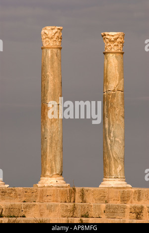 Römische Säulen im Theater, Leptis Magna, Libyen, Nordafrika. Stockfoto