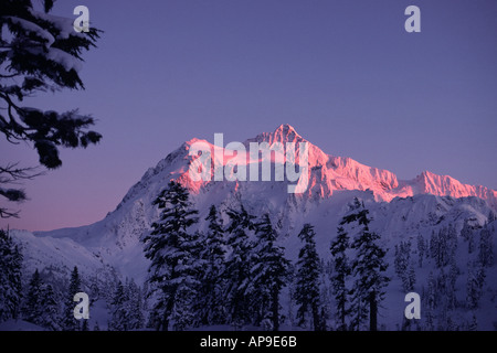 Eine schwache Februar späten Nachmittagssonne beleuchtet Mount Shuksan Washington State Stockfoto