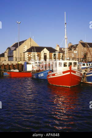 dh Harbour KIRKWALL ORKNEY Schottland Fischerboote am Wasser Kai Rotes Boot Fischerboote schottischer Hafen Stockfoto