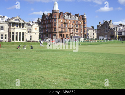 dh Royal Ancient Old Course ST ANDREWS FIFE UK Golfer Abschlag vom Club House Hotel berühmten 1. Loch ersten Abschlag Golf schottland Stockfoto