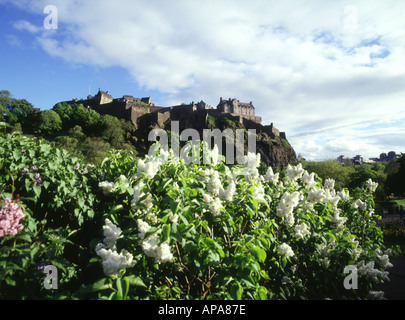 dh Princes Street Gardens EDINBURGH CASTLE Garden EDINBURGH Blumen Burg Zinnen Felswände Stockfoto