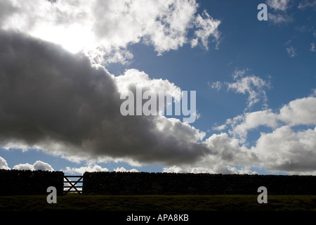 Silhouette trockene Wand und Bauernhof Steintor sonnigen stürmischen bewölkten blauen Himmel Stockfoto