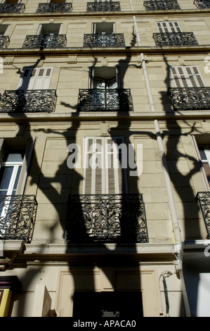 Flugzeug Bäume Schatten werfen auf ein Gebäude und Balkonen in Südfrankreich Stockfoto