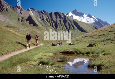 Wanderer auf der Tour Mont Blanc unterhalb der Aiguille des Glaciers, Französische Alpen, Frankreich Stockfoto