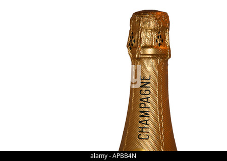 Flasche Champagner auf dem weißen Hintergrund isoliert. Stockfoto