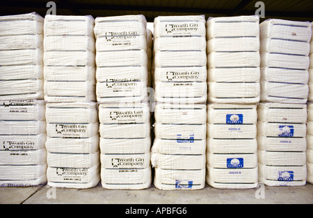 Landwirtschaft - Ballen der verarbeiteten Baumwolle sitzen auf eine Beladung dock in einem Lager, Versand in Erwartung / Sylvester, Georgia, USA. Stockfoto