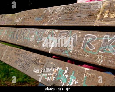 Bank am Viretta Park, Seattle. Denkmal-Hommagen an Kurt Cobain sind hier von den Fans der Rockband Nirvana links. Stockfoto