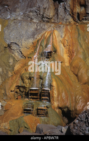 Detail der Travertin-Mineralvorkommen aus nahe gelegenen heißen Quellen in Puente del Inca, Provinz Mendoza, Argentinien Stockfoto