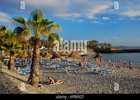 Weiche Nachmittagssonne Playa de Westernhemden n Strand in Playa de Las Am Ricas Los Cristianos auf Teneriffa Insel Stockfoto