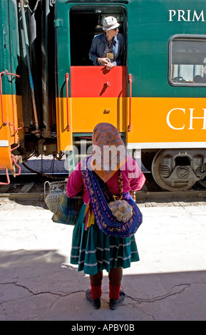 Einheimische Frau in San Rafael eine Stadt in Sierra Tarahumara in der Nähe von Creel Mexiko Verkauf von Hand gemacht-Körbe und lokale waren Tou Stockfoto