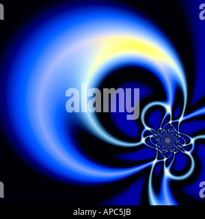 Abstraktes digitales Kunstwerk mit fließenden neonblauen Lichtspuren und geschwungenen Linien auf dunklem Hintergrund Stockfoto