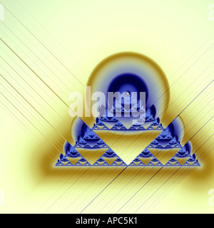 Abstraktes geometrisches fraktales Kunstwerk mit verschachtelten blauen und goldenen Dreiecken mit kreisförmigen Halos auf einem weichen gelben Hintergrund Stockfoto