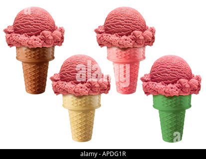 4 verschiedene Erdbeer Eiscreme-Kegel Stockfoto