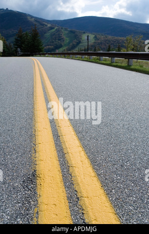 Nahaufnahme des gelben Trennlinien auf einer Autobahn. Stockfoto