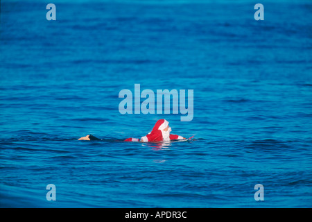 Surfen Sie Santa, Paddeln Board im Meer, Gabe Davies, Hawaii, USA Stockfoto