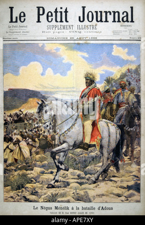 Presse/Medien, Zeitschriften, "Le Petit Journal", Paris, 9. Band, Nummer 406, illustrierte Beilage, Sonntag, 28. August 1898, Titel, "Negus Menelik in der Schlacht von Adowa", Stockfoto