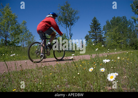 Ein Mann fährt mit dem Trans Canada-Radweg an einem sonnigen Sommertag. Stockfoto