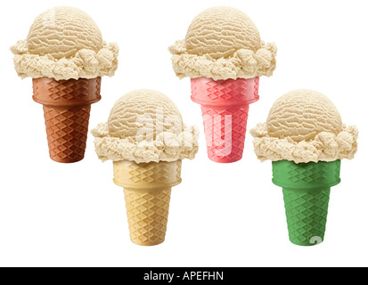 4 verschiedene Vanille Eiscreme-Kegel Stockfoto