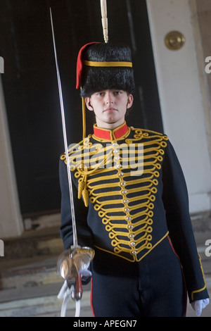 Soldatin des Kings Troop der Royal Horse Artillery auf Wache in Whitehall, London GB UK Stockfoto