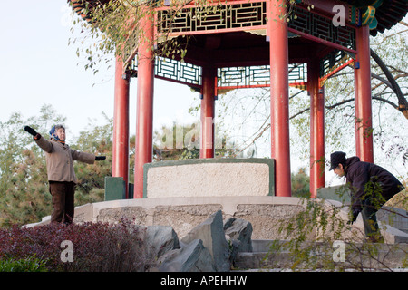 Peking, zwei Frauen in Ritan Park Qigong Übungen Stockfoto