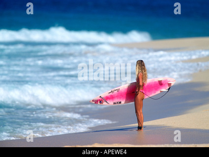 Junge Frau mit Surfbrett am Strand, Hawaii Stockfoto