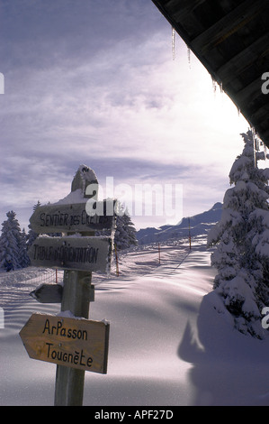 Berg-Schnee-Szene mit Bäumen und Zeichen Stockfoto