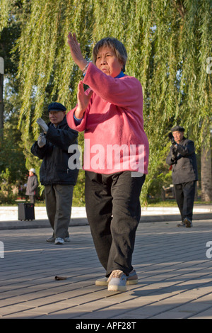 Peking, eine Frau in Ritan Park Tai Chi Übungen Stockfoto