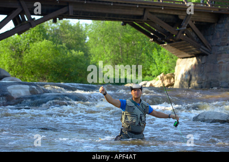 Mann in einen Fluss Fliegenfischen waten Stockfoto